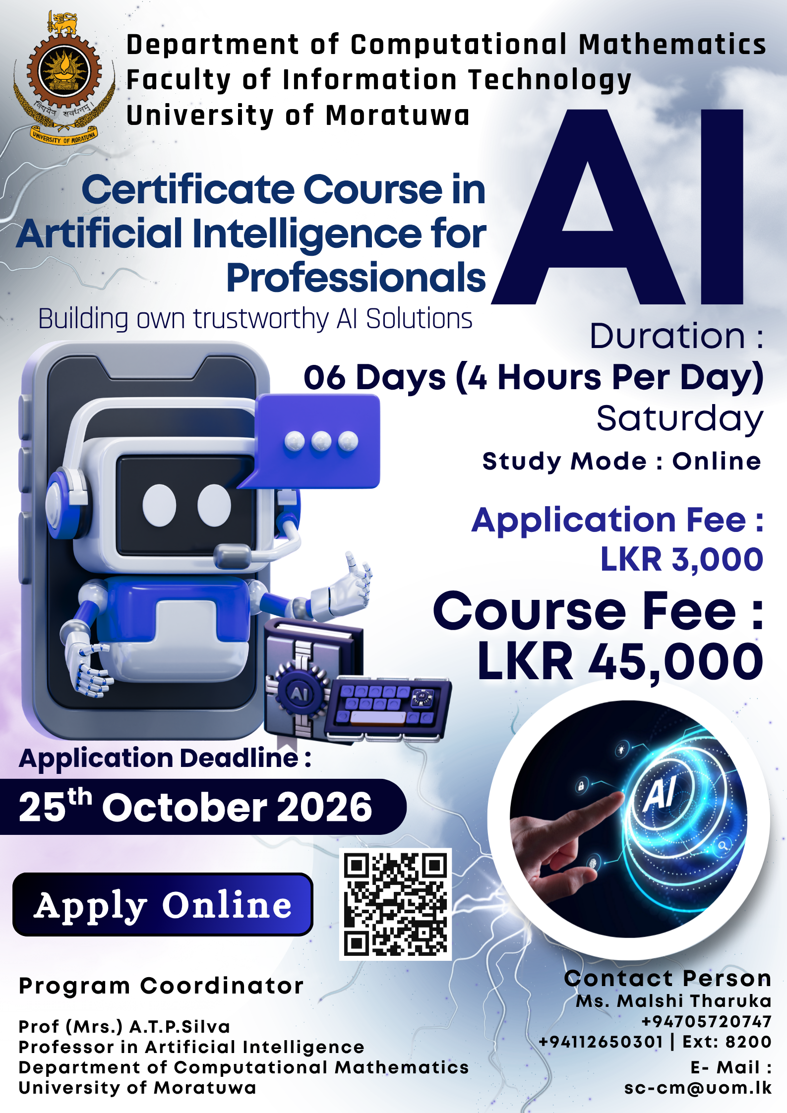 Certificate Course in Artificial Intelligence for Professionals advertisement calling for applications