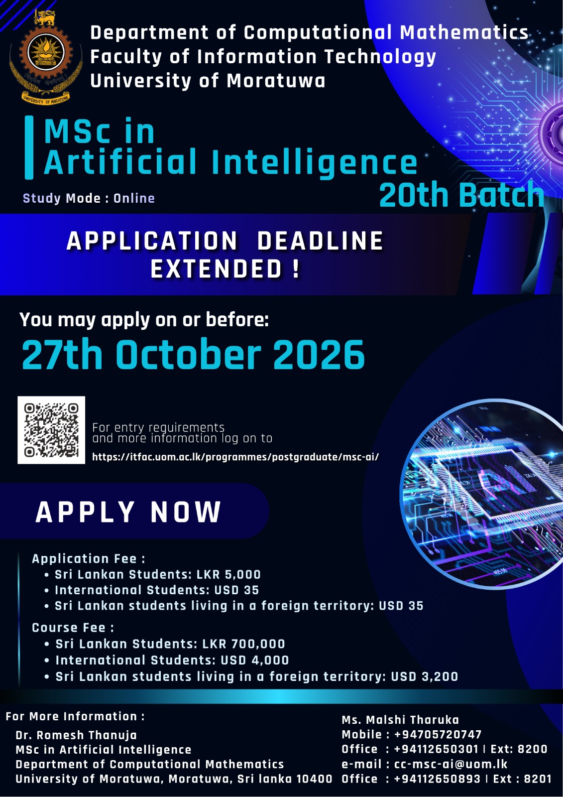 MSc in Artificial Intelligence advertisement calling applications for the 20th batch